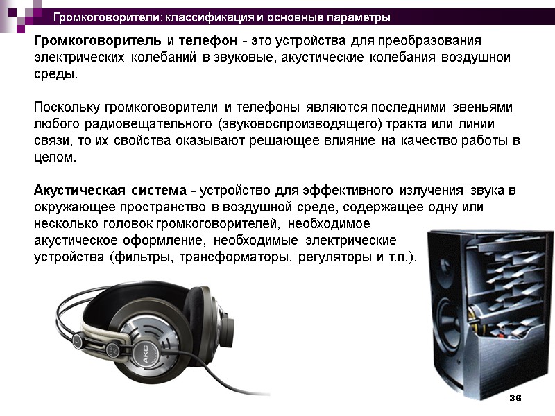 36 Громкоговоритель и телефон - это устройства для преобразования электрических колебаний в звуковые, акустические